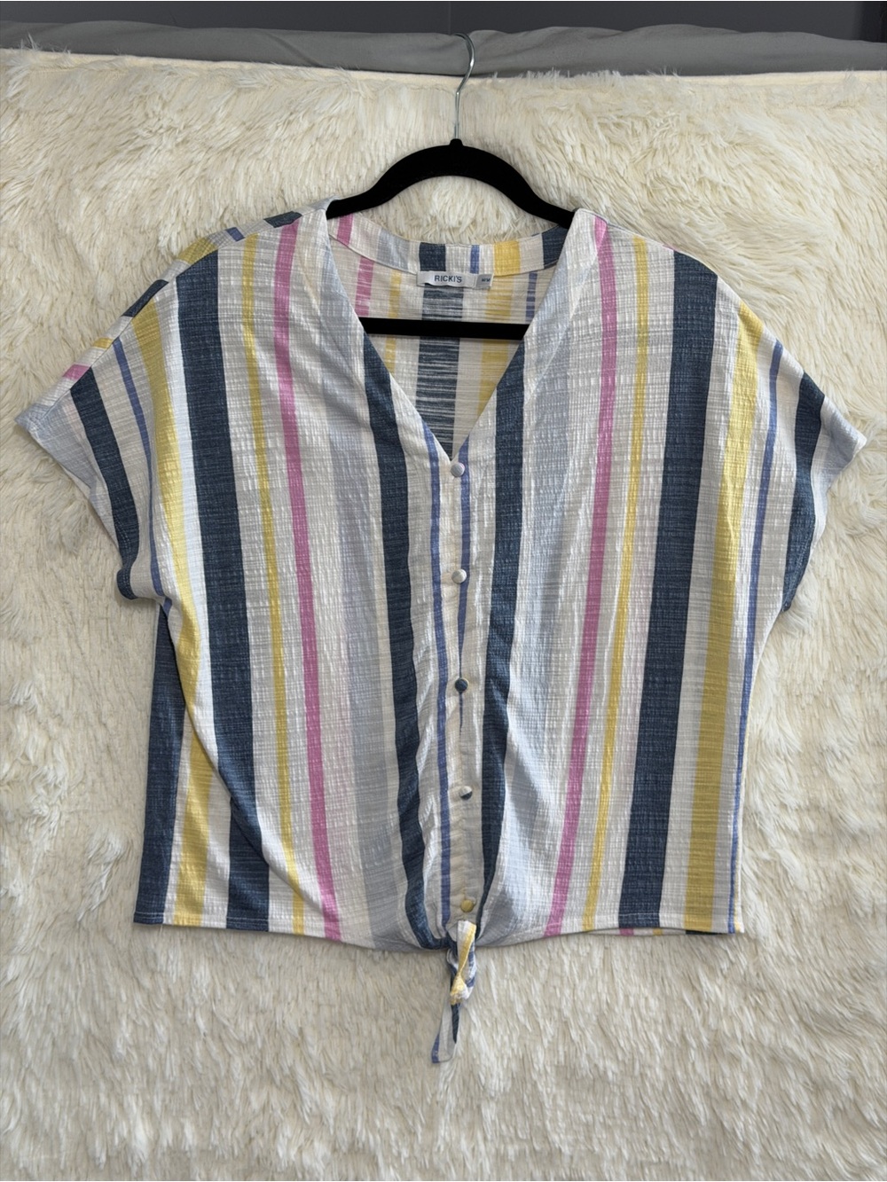 Ricki's Womens Boho Striped Button Up Top M White Multi Casual Preppy Resortwear